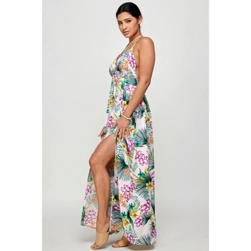 Purple Tropical Floral Palm Vacation Cruise Summer Sexy Slit Maxi Halter Dress - Picture 4 of 5